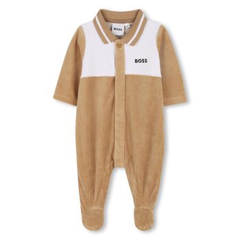 Baby Boys Beige & White Logo Babygrow