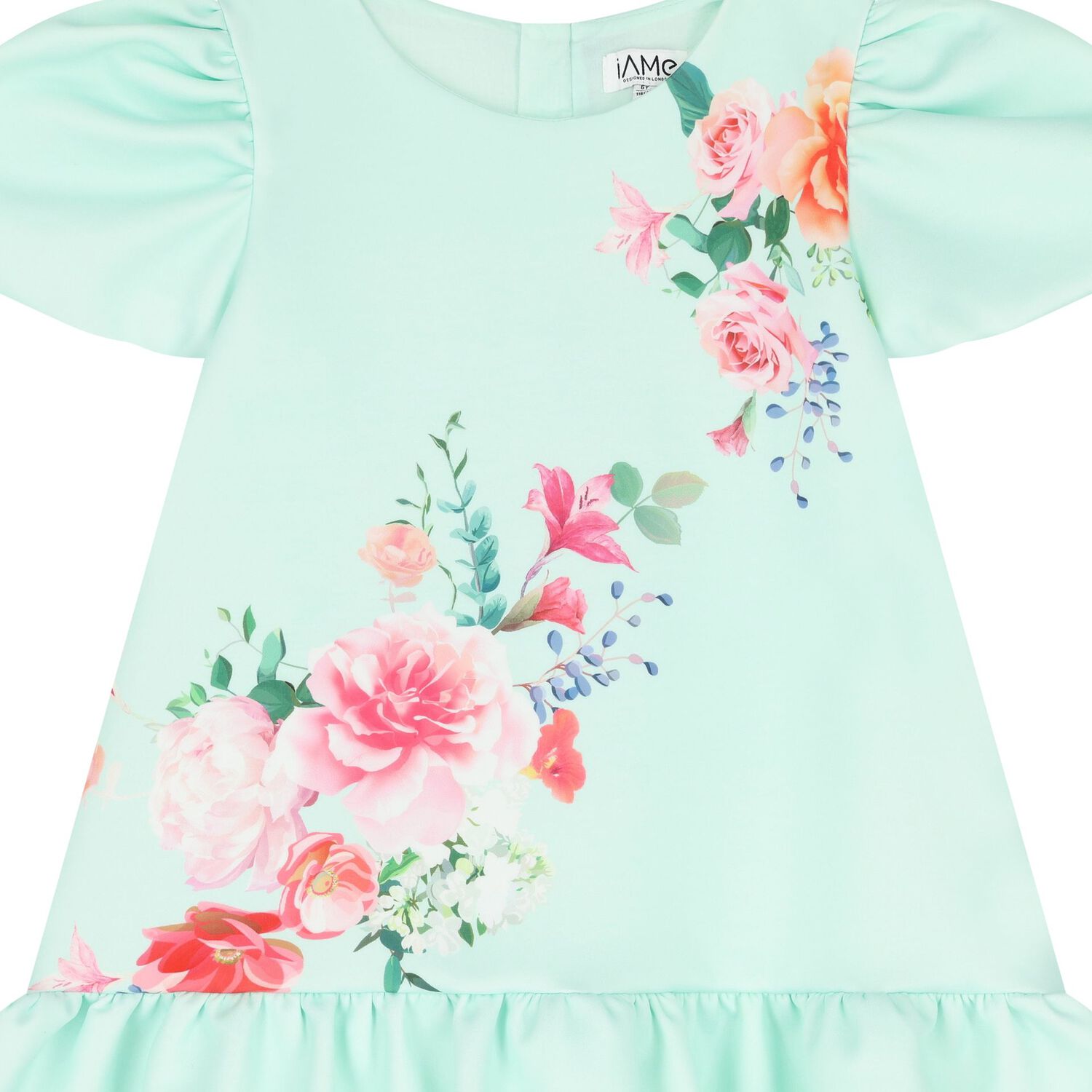 Girls Green Floral Satin Dress, 1, hi-res image number null