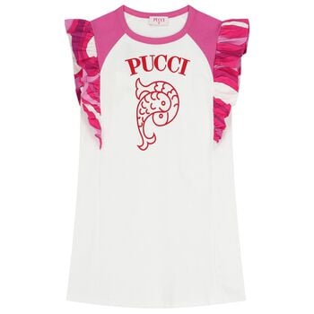 Girls White & Pink Logo Ruffled Dress