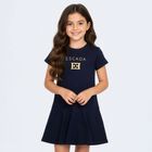فستان للبنات بالشعار باللون الكحلي والذهبي , 2, hi-res