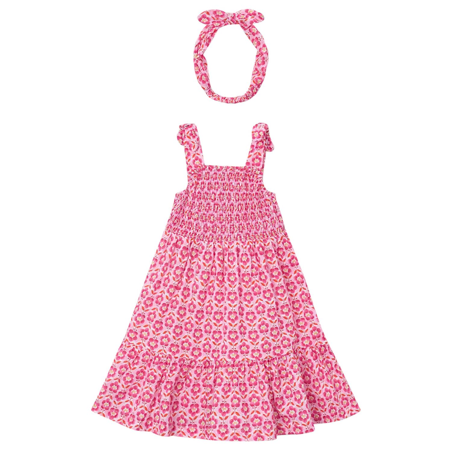 Girls Pink Floral Smocked Dress Set, 2, hi-res