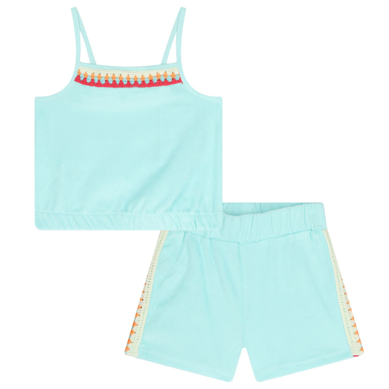 Girls Aqua Blue Crochet Shorts Set, 1, hi-res