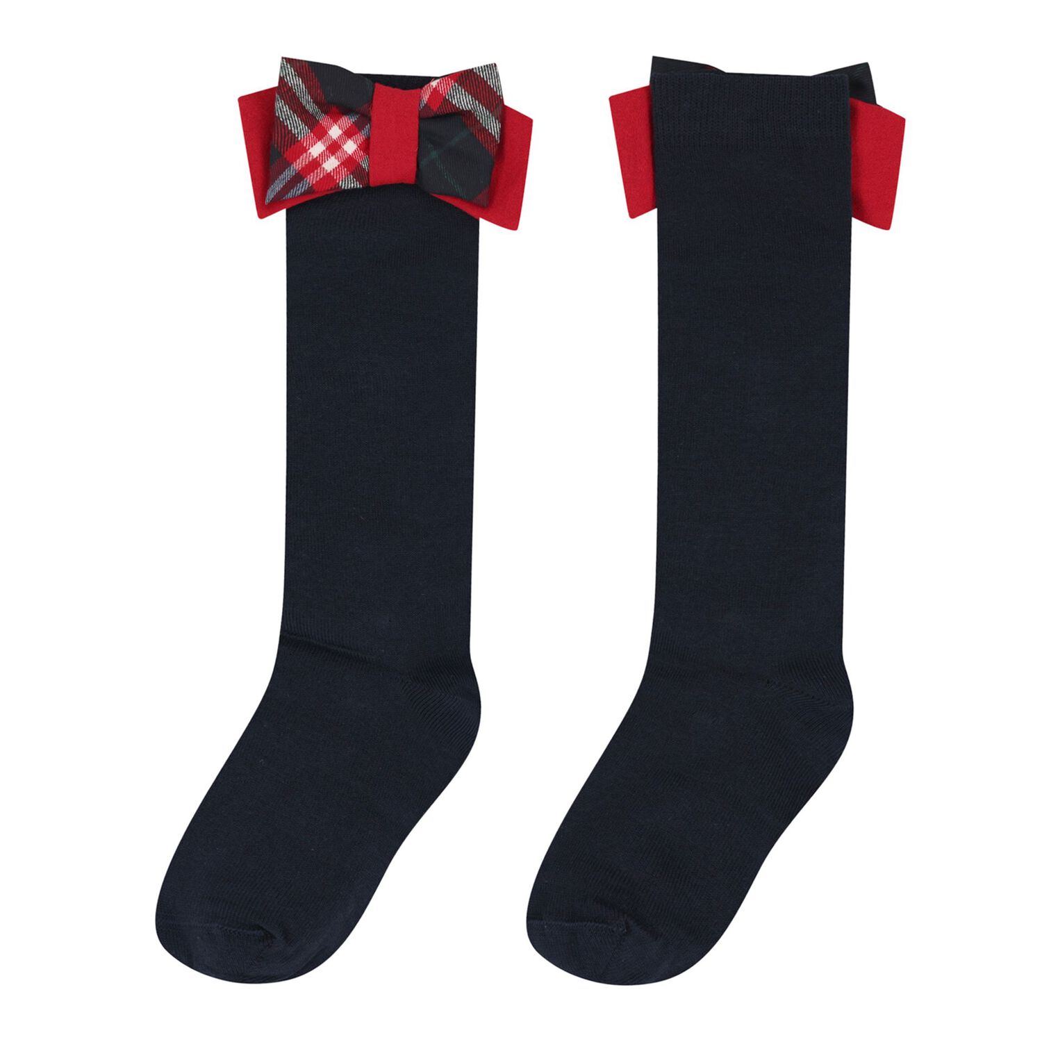 Girls Navy Blue & Red Tartan Bows Socks, 1, hi-res