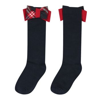 Girls Navy Blue & Red Tartan Bows Socks