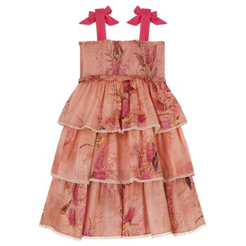 Girls Pink Floral & Bird Tiered Dress