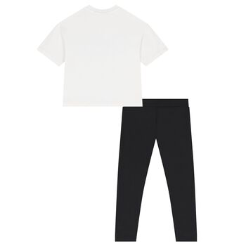 Girls White & Black Diamante Logo Leggings Set