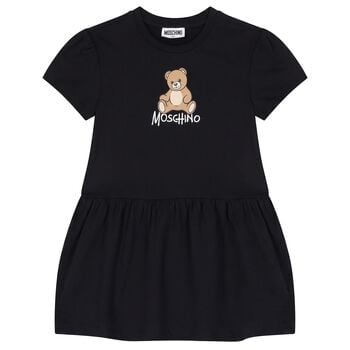 Girls Black Teddy Bear Logo Dress