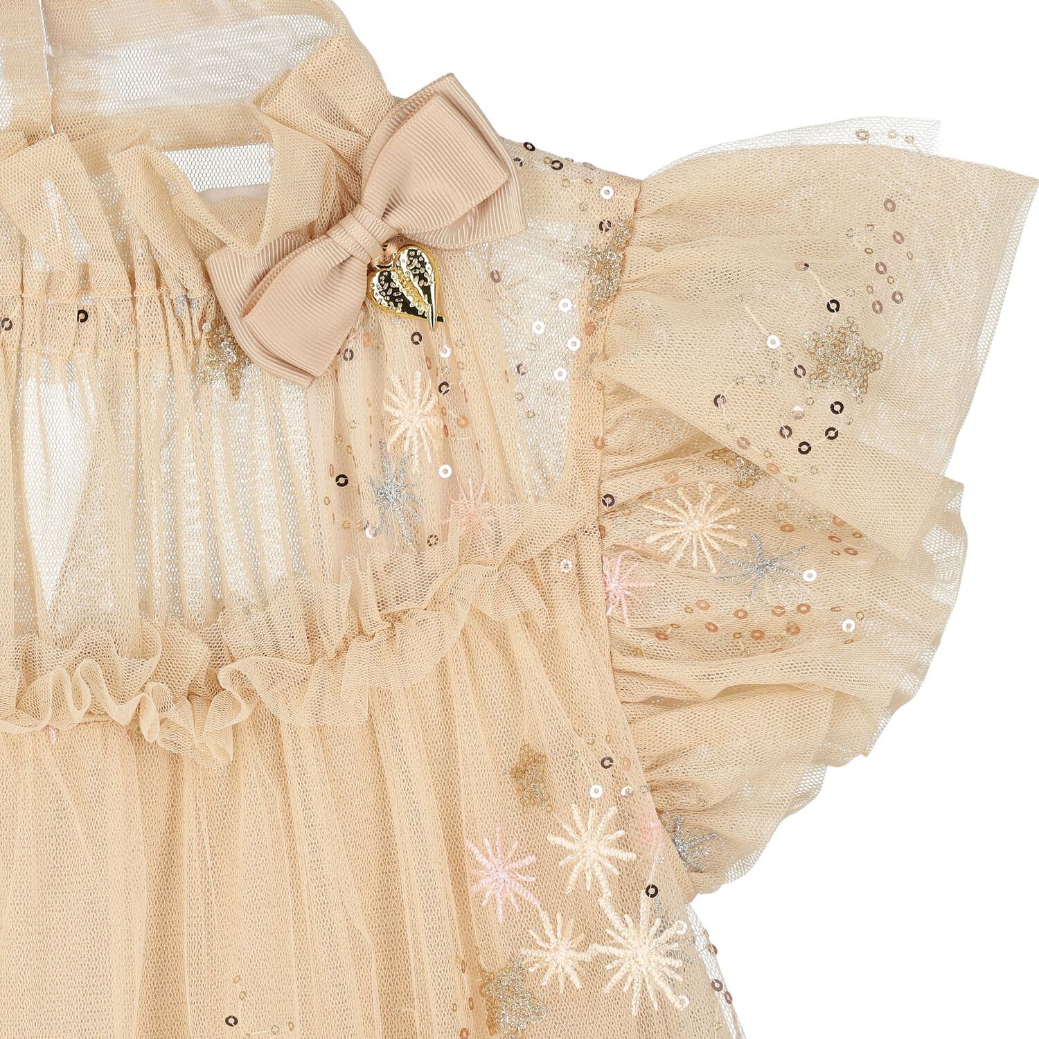 Girls Beige & Gold Tulle Dress, 1, hi-res image number null