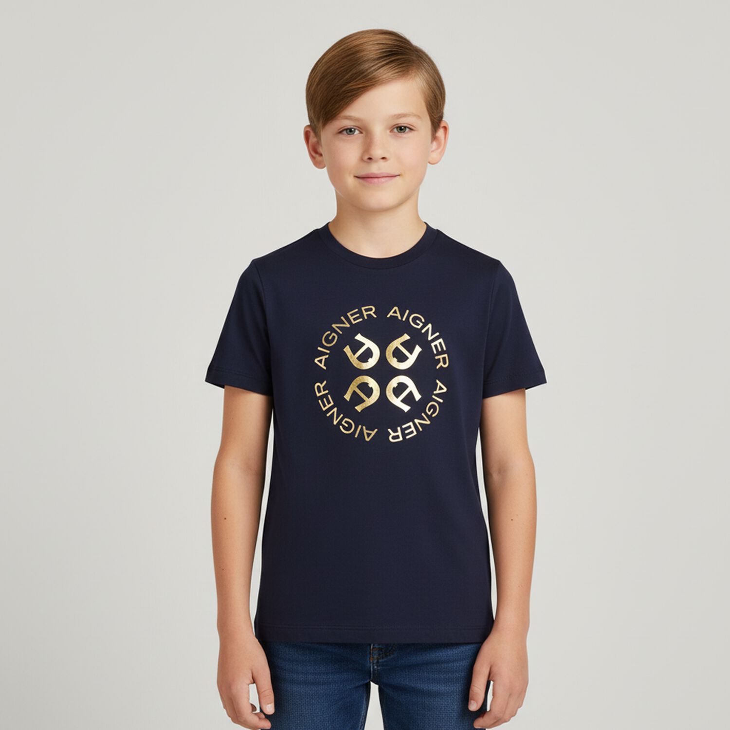 Boys Navy Blue & Gold Logo T-Shirt, 2, hi-res