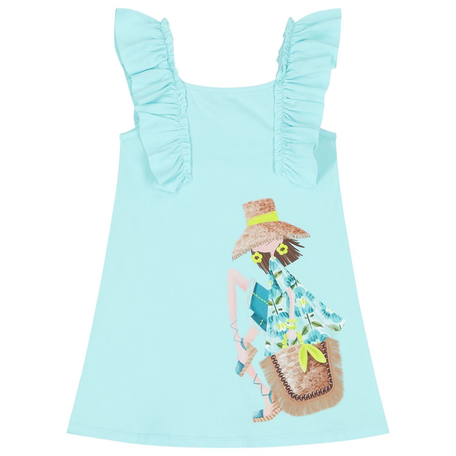 Girls Aqua Ruffled Dress, 1, hi-res