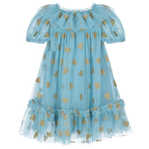 Girls Blue & Gold Hearts Tulle Dress
