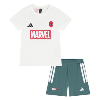 Younger White & Green Marvel Logo Shorts Set