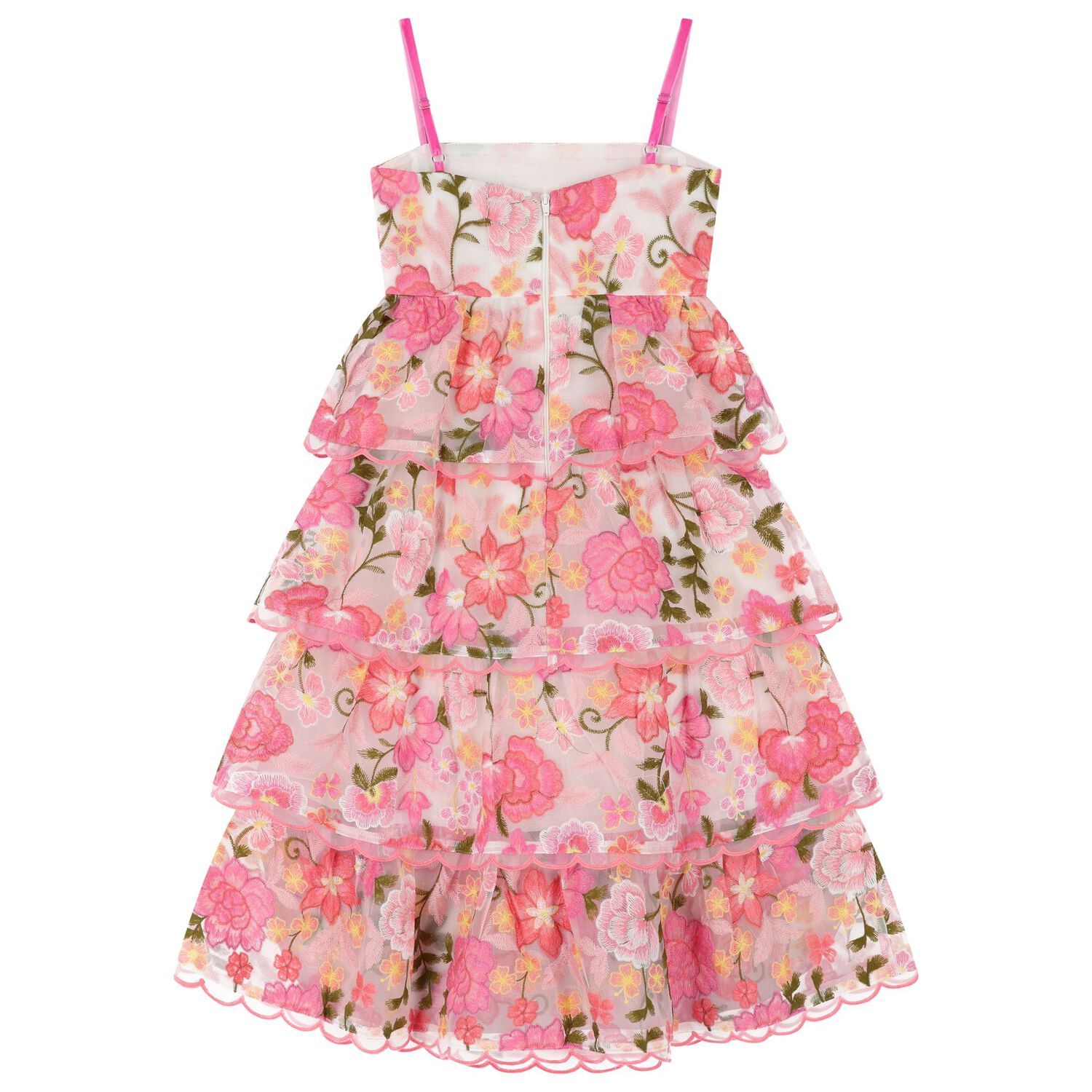 Girls Pink Floral Embroidered Organza Dress, 1, hi-res
