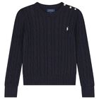 Girls Navy Blue Logo Cable Knit Jumper, 1, hi-res