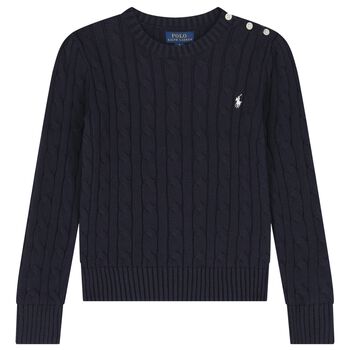 Girls Navy Blue Logo Cable Knit Jumper