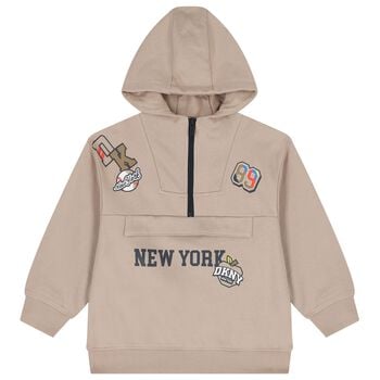 Boys Beige Logo Hooded Zip Up Top