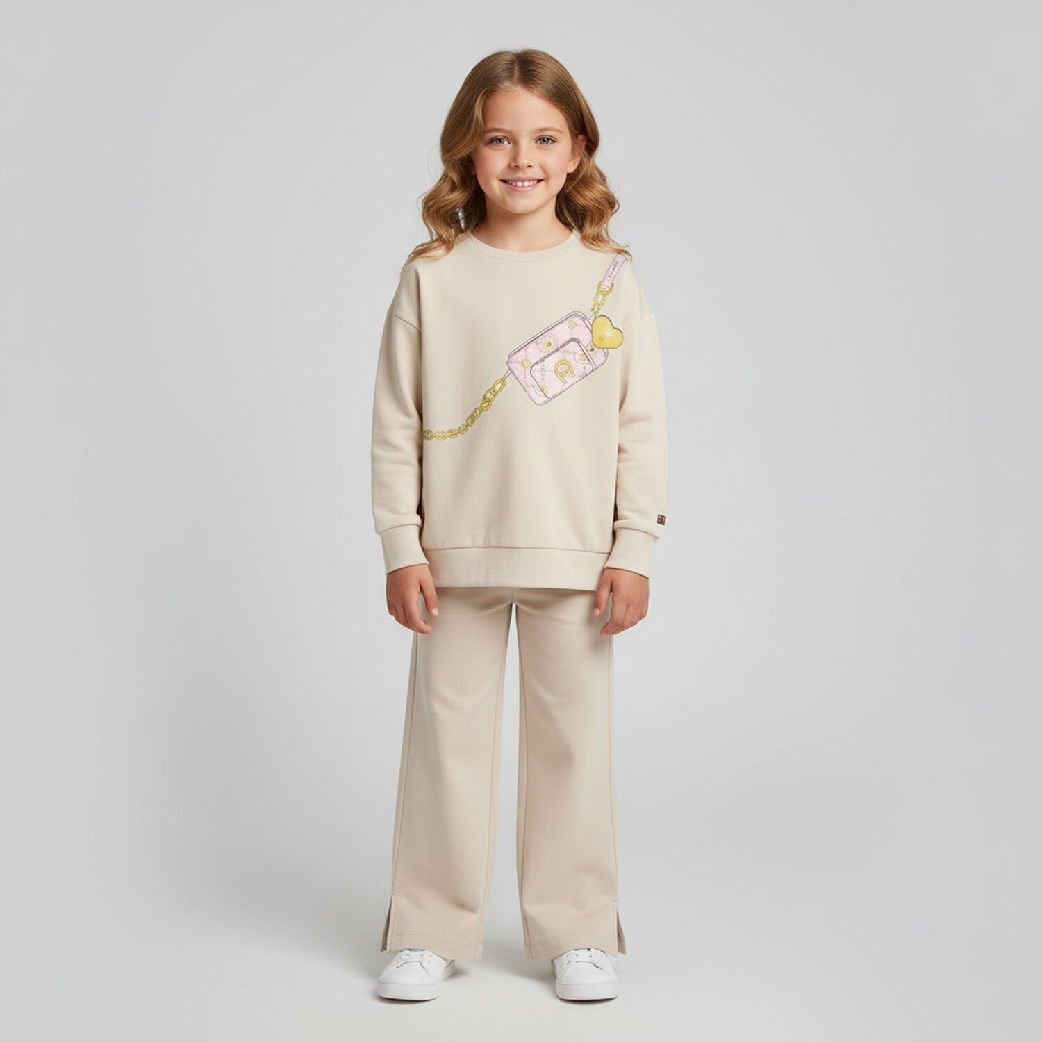 Girls Beige Heart Trousers, 1, hi-res