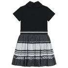 Girls Black & Silver Logo Pleated Dress, 1, hi-res