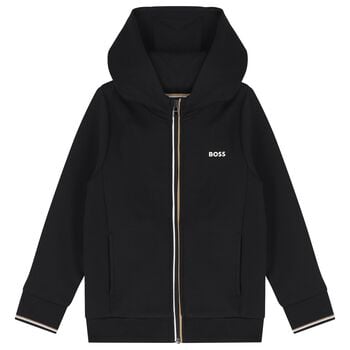 Boys Mini Me Black Logo Hooded Zip Up Top