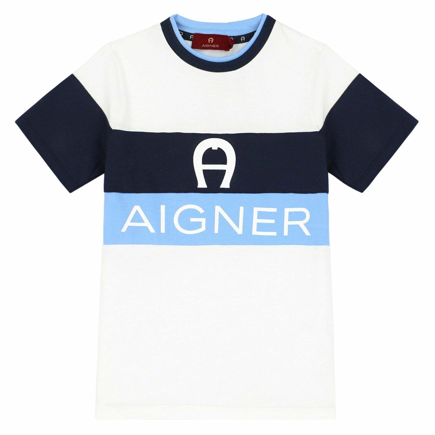 Boys White, Navy & Light Blue Logo T-Shirt, 3, hi-res image number null