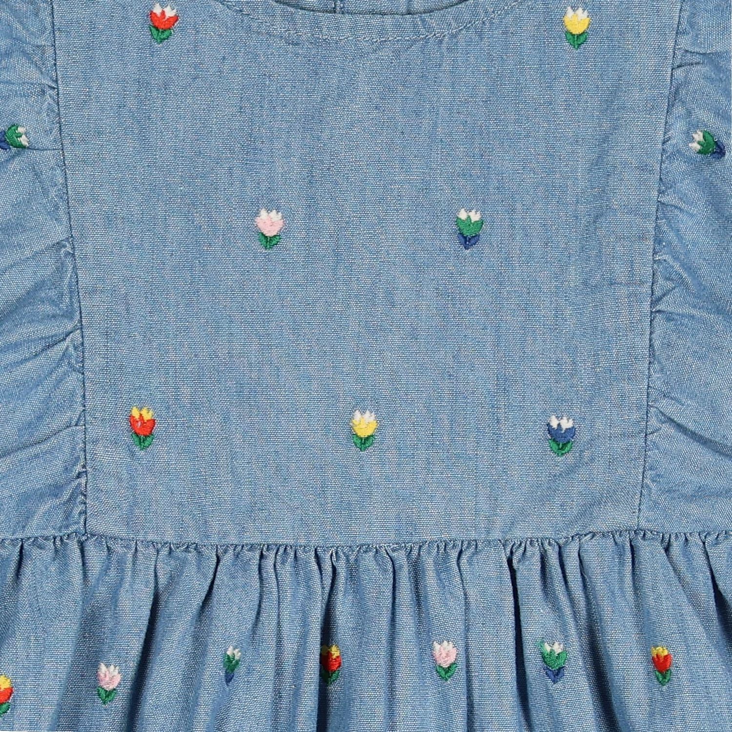Younger Girls Denim Blue Floral Dress               , 1, hi-res