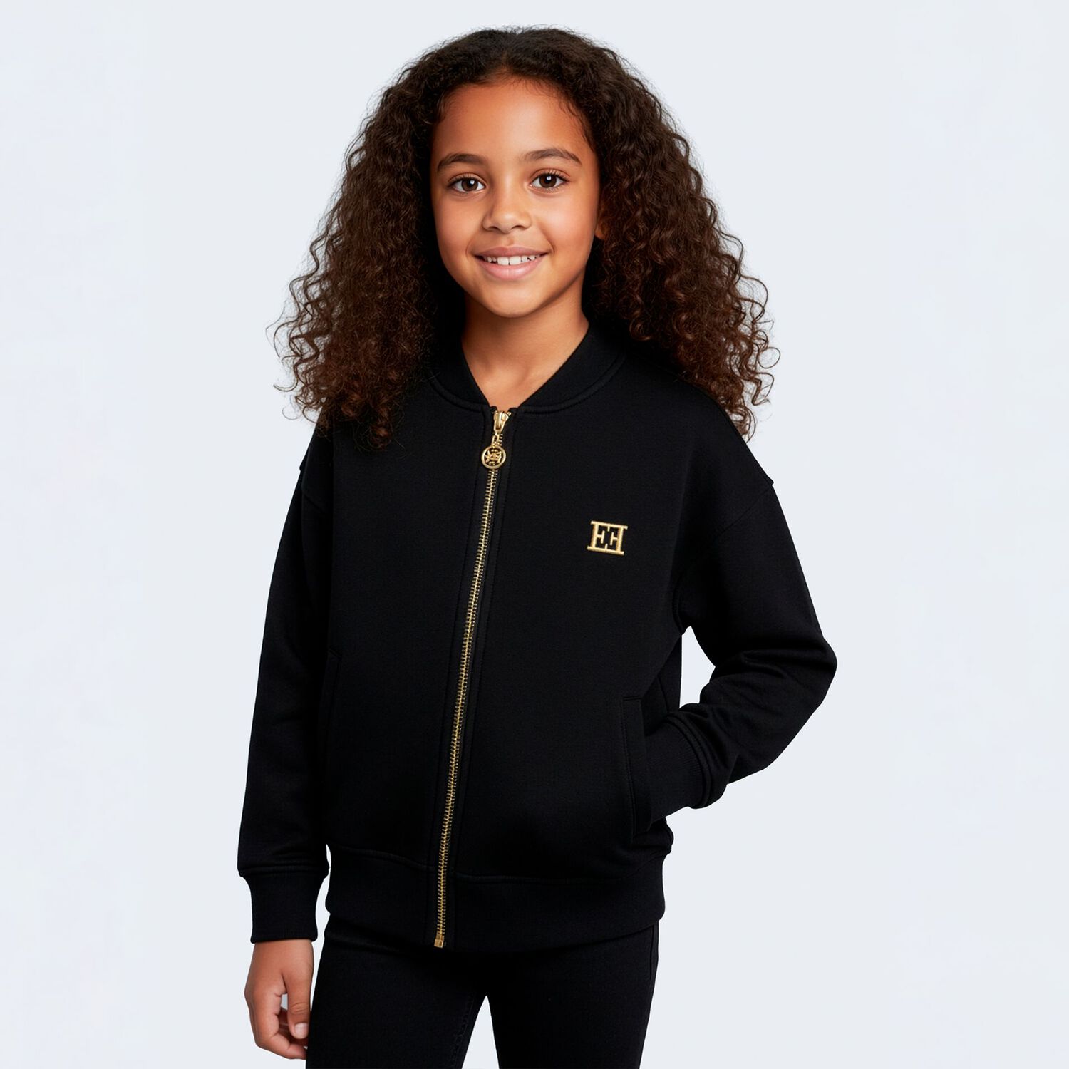 Girls Black Logo Zip Up Top, 1, hi-res