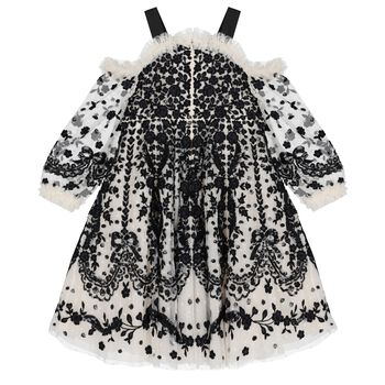 Girls Black & Beige Floral Off-Shoulder Dress