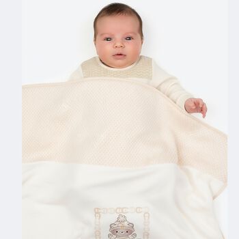 White & Beige Teddy Bear Logo Baby Blanket