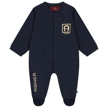 Baby Boys Navy Blue & Gold Logo Babygrow
