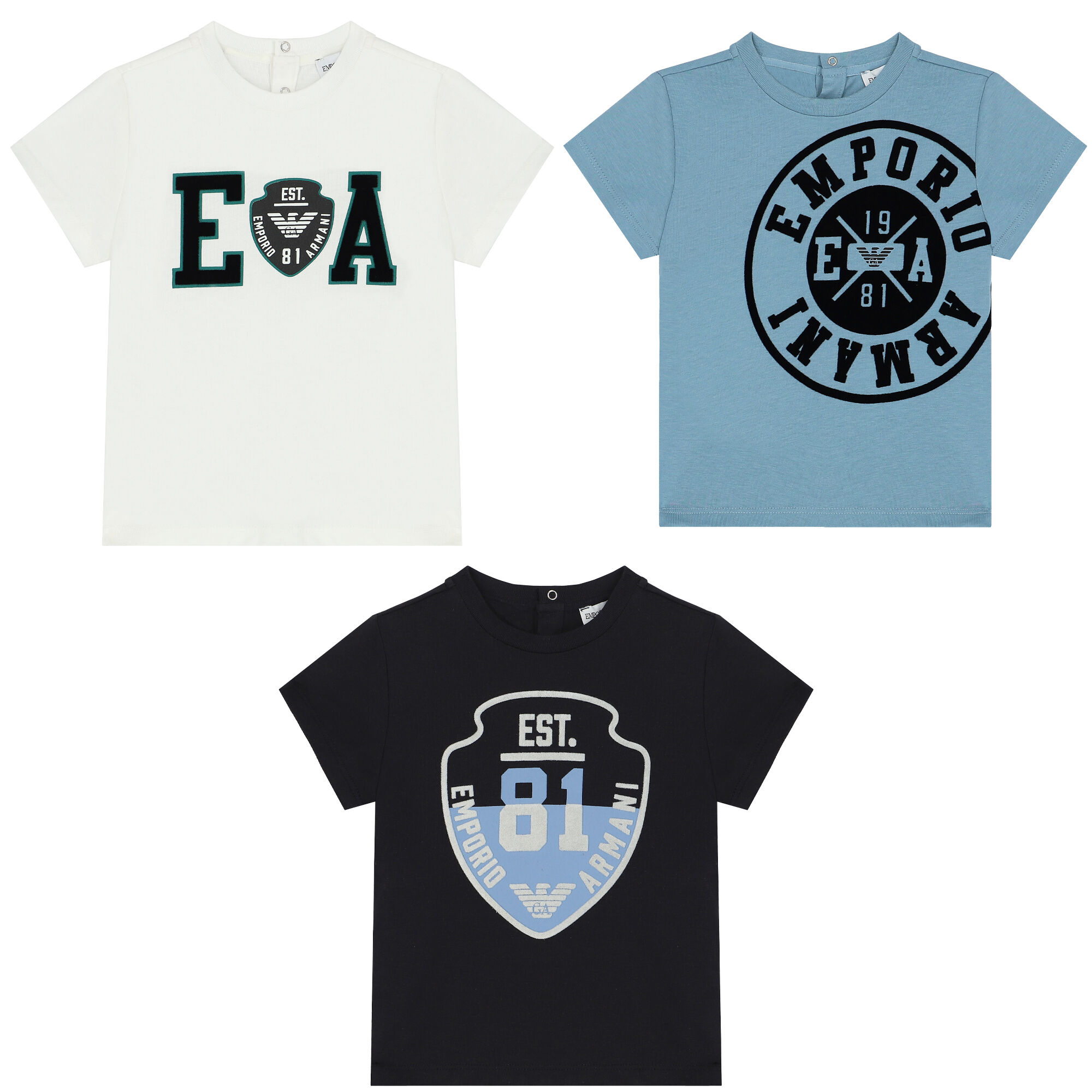 Emporio Armani Younger Boys Navy Ivory Blue Logo T Shirts 3 Pack Junior Couture Bahrain