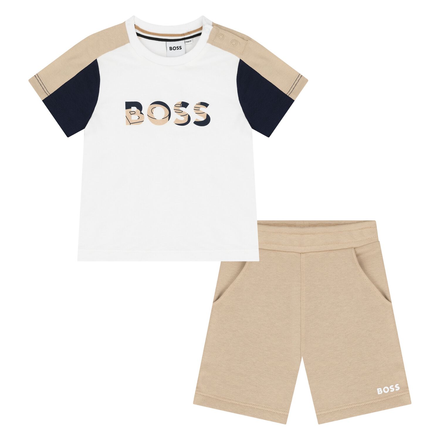 طقم شورت بالشعار باللونين الأبيض والبيج للأولاد  , 1, hi-res