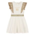 Younger Girls Ivory & Gold Logo Ruffled Dress, 1, hi-res