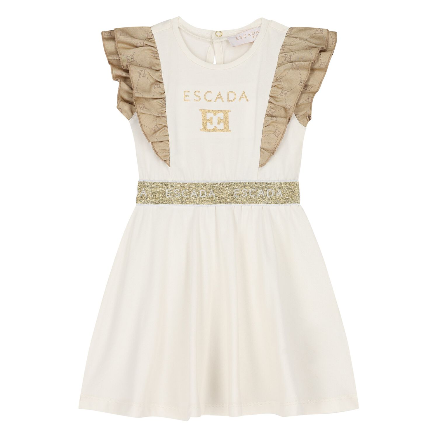 Younger Girls Ivory & Gold Logo Ruffled Dress, 1, hi-res