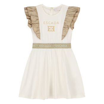 Younger Girls Ivory & Gold Logo Ruffled Dress
