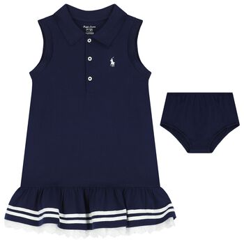 Younger Girls Navy Blue Logo Polo Dress Set