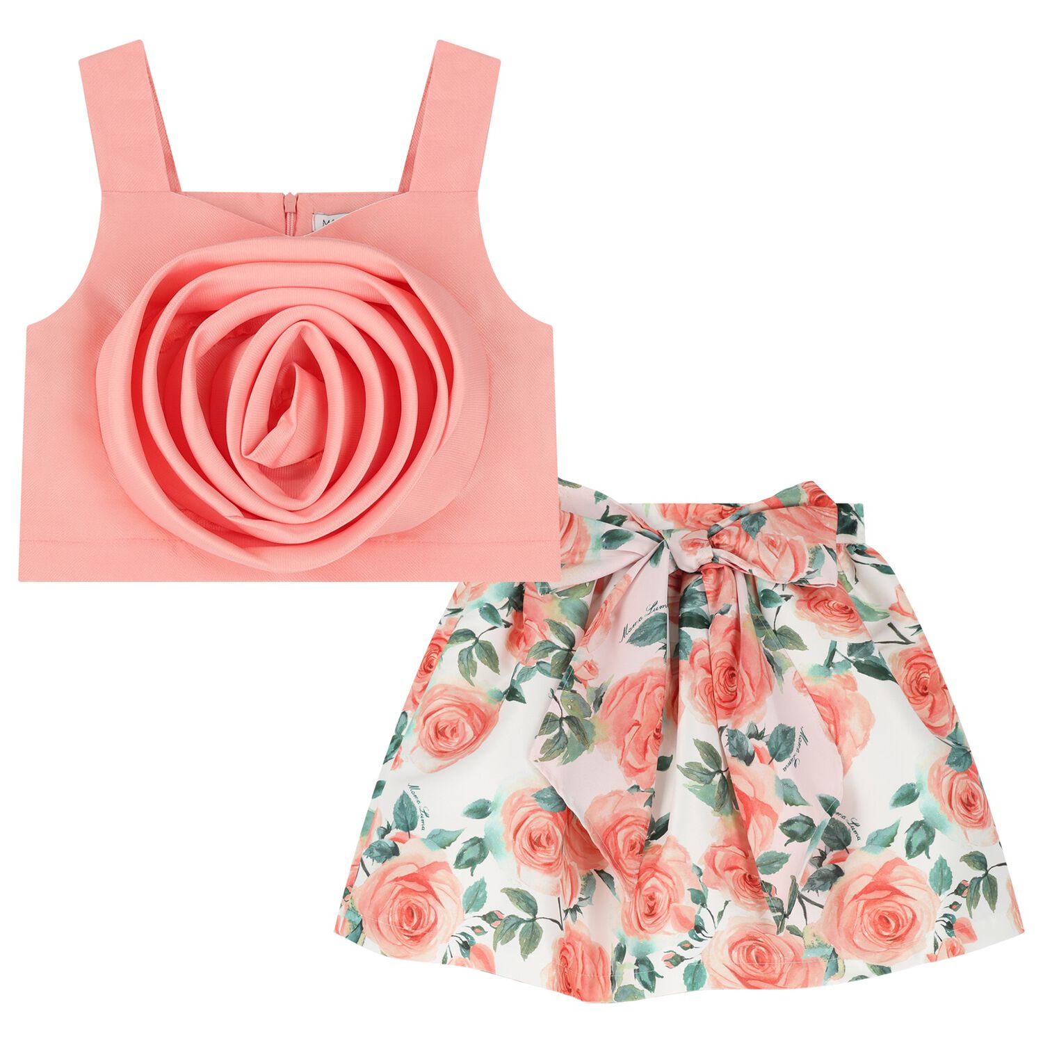 طقم تنورة ساتان باللون المرجاني والوردي و  الأبيض للبنات, 1, hi-res image number null