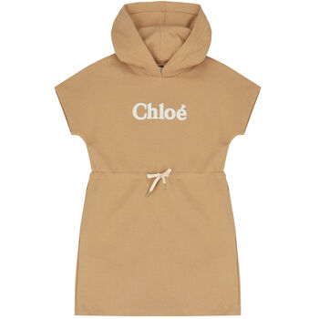 Girls Beige Logo Hooded Dress