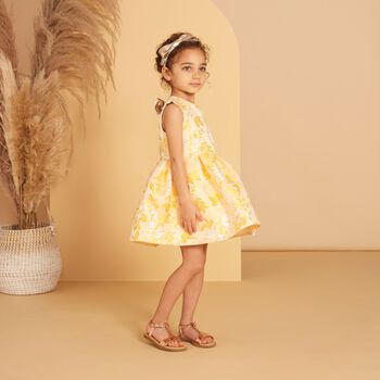 Girls Yellow & White Jacquard Dress