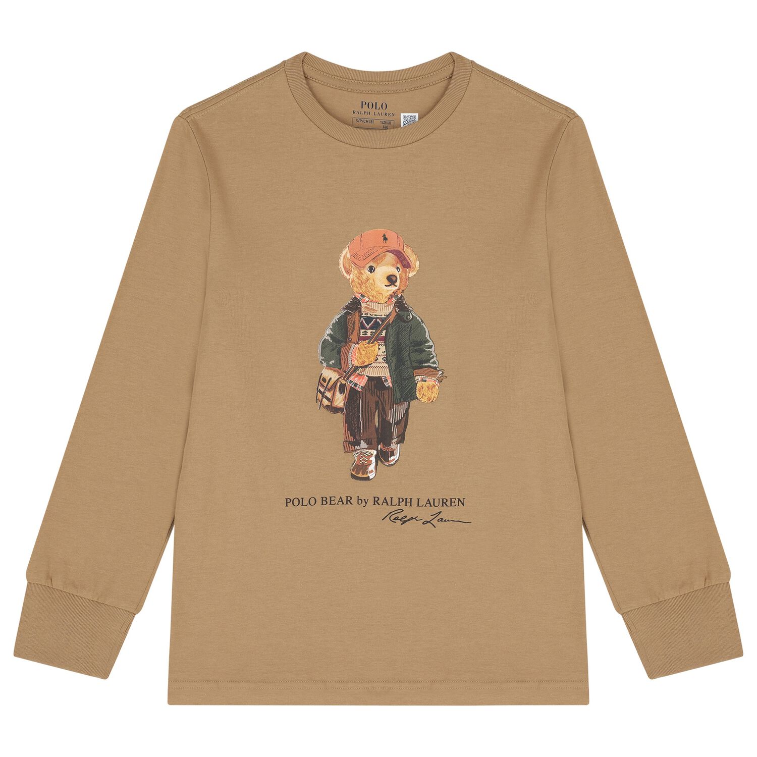 Boys Beige Logo Polo Bear Long Sleeve Top, 1, hi-res