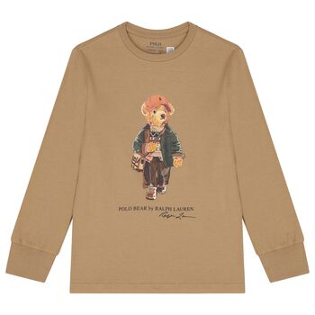 Boys Beige Logo Polo Bear Long Sleeve Top