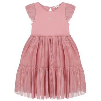 Girls Pink Bow Pleated Tulle Dress