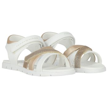 Girls White & Gold Logo Sandals