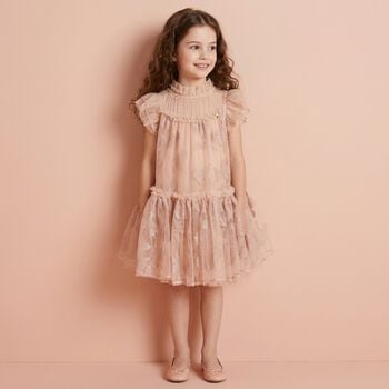 Girls Pink Embroidered Tulle Dress