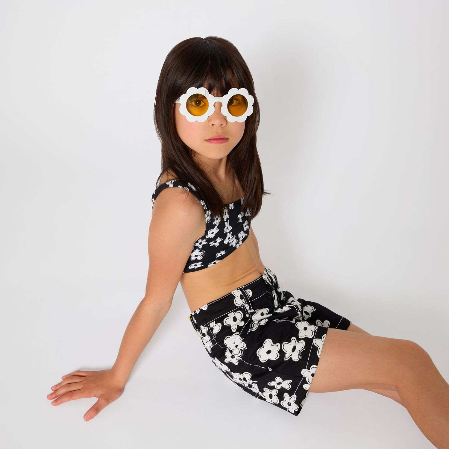 Girls Black Flower Shorts, 1, hi-res