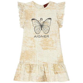 Younger Girls Ivory & Gold Logo Dress