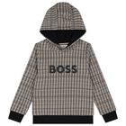 Boys Black, Beige & White Checked Logo Hooded Top, 1, hi-res