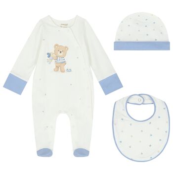 Baby Boys White & Blue Teddy Bear Babygrow Gift Set