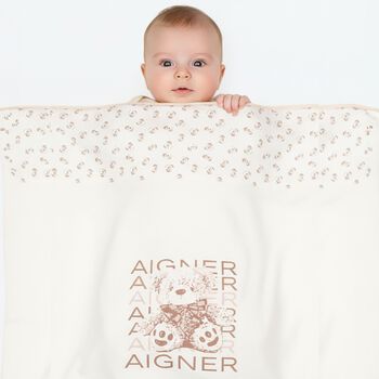 White & Beige Teddy Bear Logo Baby Blanket 