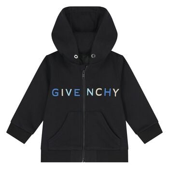 Younger Boys Black Logo Hooded Zip Up Top