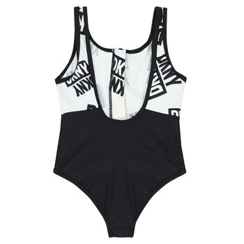 Girls White & Black Logo Swimsuit